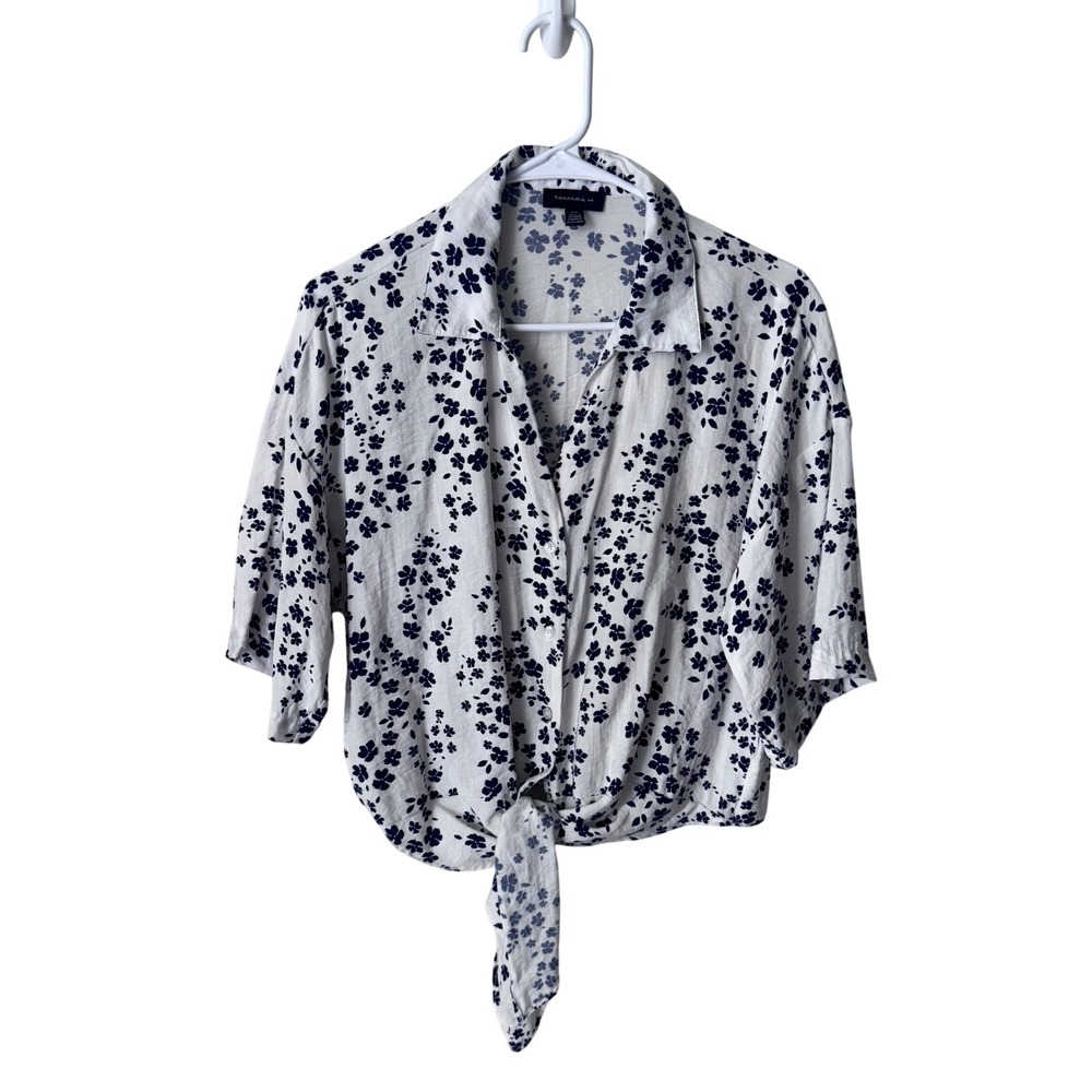 Tamara H White Navy Blue Floral Tie Front Button Down Short Sleeve Blouse Medium